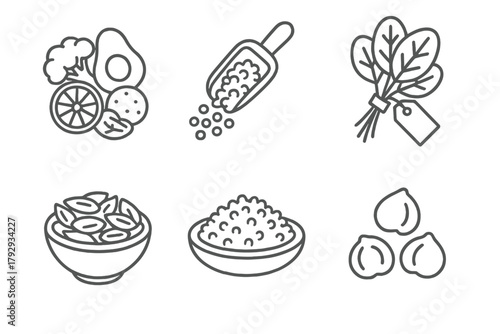 Vegan Diet Icons. Line style icons of vegan diet: iron-rich vegan foods, lentils scoop icon, spinach bunch tag, pumpkin seeds bowl