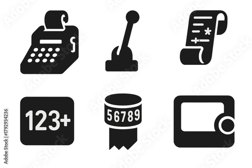 Vintage Adding Machine Icons. Solid style icons of Vintage Adding Machine: Keys, Lever, Printed Tape, Calculation, Number Roll,