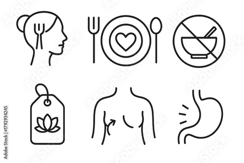 Holistic Healing Icons. Line style icons of holistic healing: intuitive eating, plate with heart icon, no-diet symbol,