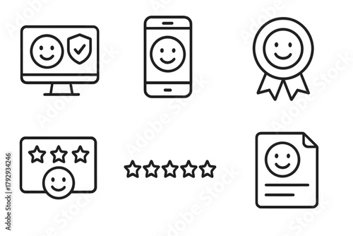 Telemedicine Success Icons. Line style icons of telemedicine: telehealth success, smile with mobile icon, patient satisfaction