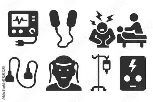 Antique Therapy Icons. Solid style icons of Antique Psychiatric Therapy: Electroconvulsive Machine, Paddles, Convulsion, Treatment