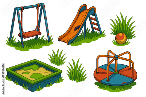Forgotten Playground Icons. Isometric vector illustration set Forgotten Playground: Rusty Swing, Broken Slide, Overgrown Grass,