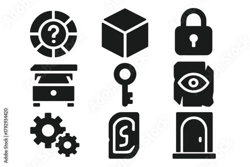 Enigmatic Challenge Icons. Solid style icons of Enigmatic Challenges: Symbol, Cube, Hidden Drawer, Lock, Key, Carving, Mechanism,