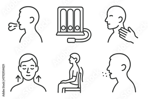 Respiratory Therapy Icons. Line style icons of respiratory physiotherapy: breathing exercise, incentive spirometer, chest clapping