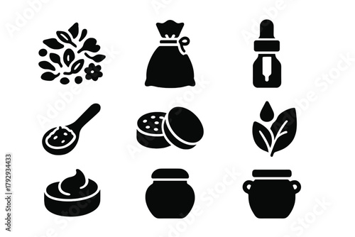 Herbal Remedies Icons. Solid style icons of Herbal Remedies: Dried Herbs, Cloth Pouch, Glass Dropper, Wooden Spoon, Herb Grinder,