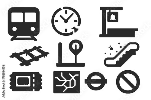 Forgotten Transit Icons. Solid style icons of Forgotten Transit: empty train car, broken clock, silent platform, corroded rail,