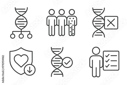 Cloning Technology Icons. Line style icons of cloning technology: genetic variation control, identical vs diverse icon, mutation