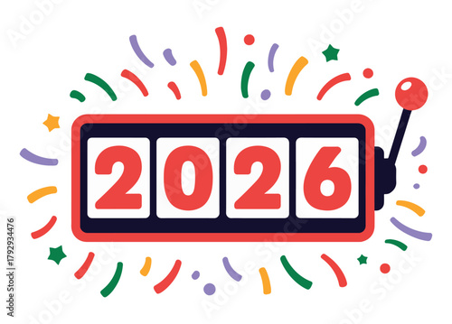 A slot machine displaying the year 2026 surrounded by colorful confetti and streamers, celebrating the upcoming new year.