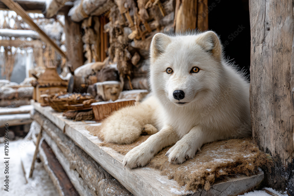Fototapeta premium White Arctic fox resting on a wooden window ledge in a snowy setting