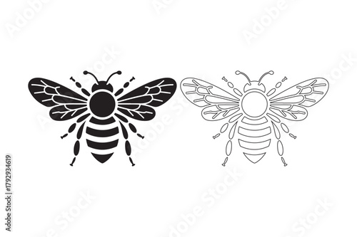 Two stylized bee illustrations one solid black one detailed outline