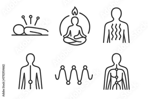 Acupuncture Energy Icons. Line style icons of acupuncture: energy healing through needles, Qi flow diagram, energy line balance,