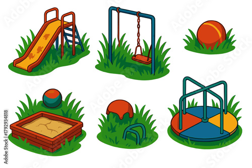 Forgotten Playground Icons. Isometric vector illustration set Forgotten Playground: Overgrown Grass, Rusty Slide, Broken Swing,