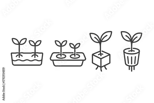 Hydroponic Growth Icons. Line style icons of hydroponics: seedlings and propagation, sprout tray icon, young plant start, seedling