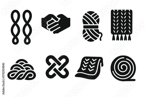 Arm Knitting Icons. Solid style icons of Arm Knitting: Yarn Loops, Interlocked Hands, Wool Skein, Growing Scarf, Floor Pile, Knot