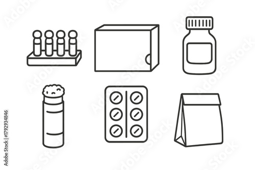 Homeopathy Product Icons. Line style icons of homeopathy product packaging: tiny vials, cardboard box, labeled amber bottle,