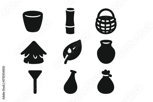 Primitive Dew Tools Icons. Solid style icons of Primitive Dew Tools: Stone Cup, Bamboo Tube, Woven Basket, Grass Roof, Dewy Leaf,