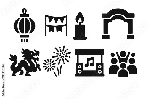 Festival Night Icons. Solid style icons of Festival Night: Hanging Lantern, Street Decoration, Candle Flame, Festival Arch, Dragon