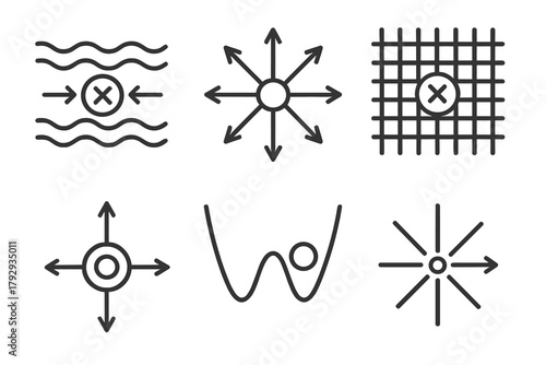 Particle Physics Icons. Line style icons of particle physics: Higgs field, symmetry breaking, scalar field icon, mass generation,
