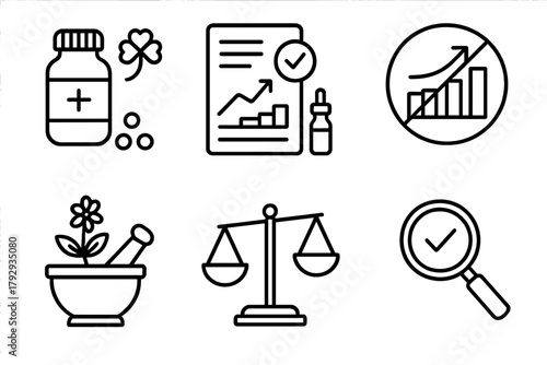 Homeopathy Facts and Myths. Line style icons of homeopathy myths vs facts: placebo symbol, proven studies, myth bust chart,