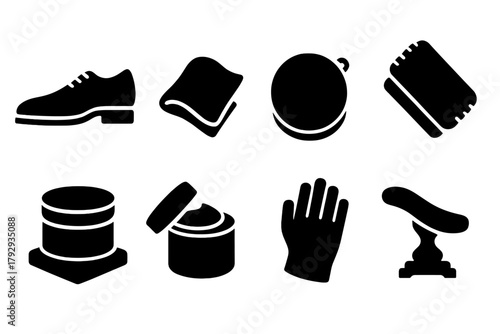 Luxury Shoeshine Icons. Solid style icons of Luxury Shoeshine: Patent Leather Shoe, Velvet Cloth, Gold Tin, Plush Brush, Marble