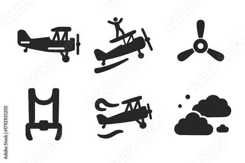 Airshow Spectacle Icons. Solid style icons of Airshow Performance: Biplane, Wingwalker, Propeller, Harness, Smoke Trail, Goggles,