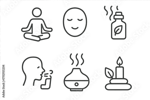 Aromatherapy Icon Set. Line style icons of aromatherapy for stress relief: relaxation pose, calm face, stress-away blend, breath