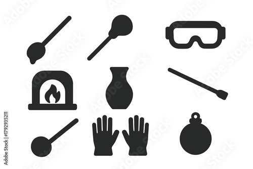 Glass Blowing Icons. Solid style icons of glass blowing: blowpipe, molten glass, protective goggles, furnace, glass vase, cooling