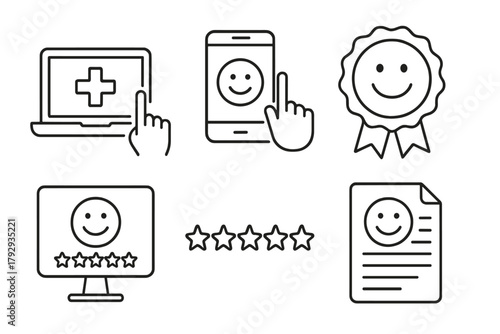 Telemedicine Success Icons. Line style icons of telemedicine: telehealth success, smile with mobile icon, patient satisfaction