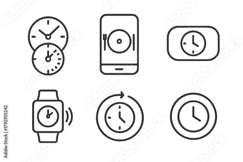 Intermittent Fasting Icons. Line style icons of intermittent fasting: time tracker tools, mobile app icon, fasting timer screen,