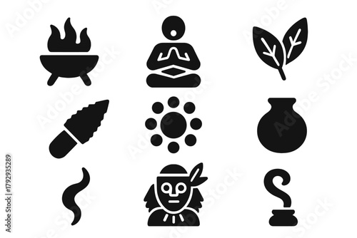 Ritual Healing Icons. Solid style icons of Ritual Healing: Fire Bowl, Chanting Figure, Herbs, Stone Knife, Circle Pattern, Water