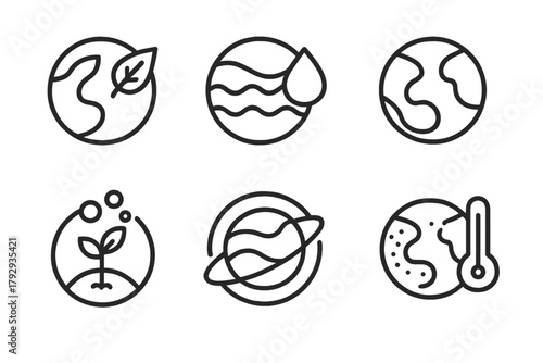 Exoplanet Icons Collection. Line style icons of exoplanets: habitable planet, liquid water zone, Earth-like world, biosignature