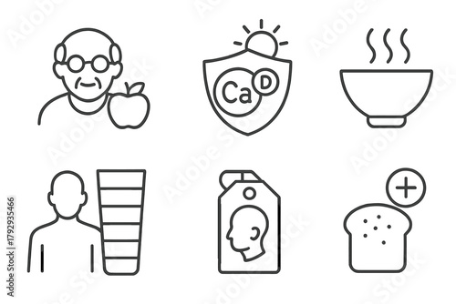 Nutrition Science Icons. Line style icons of nutrition science: elderly nutrition, calcium and vitamin D icon, soft foods symbol,