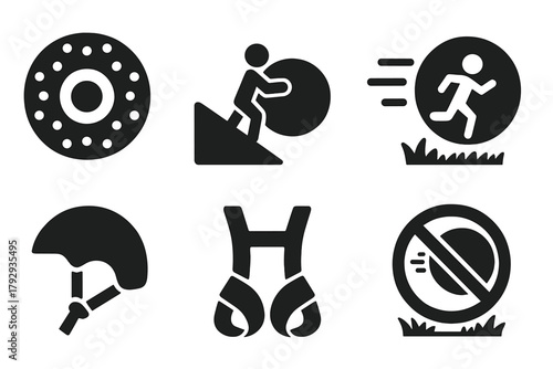 Outdoor Inflatable Adventure. Solid style icons of Outdoor Inflatable Fun: Zorb, Giant Ball, Hill, Rolling, Helmet, Harness, Speed