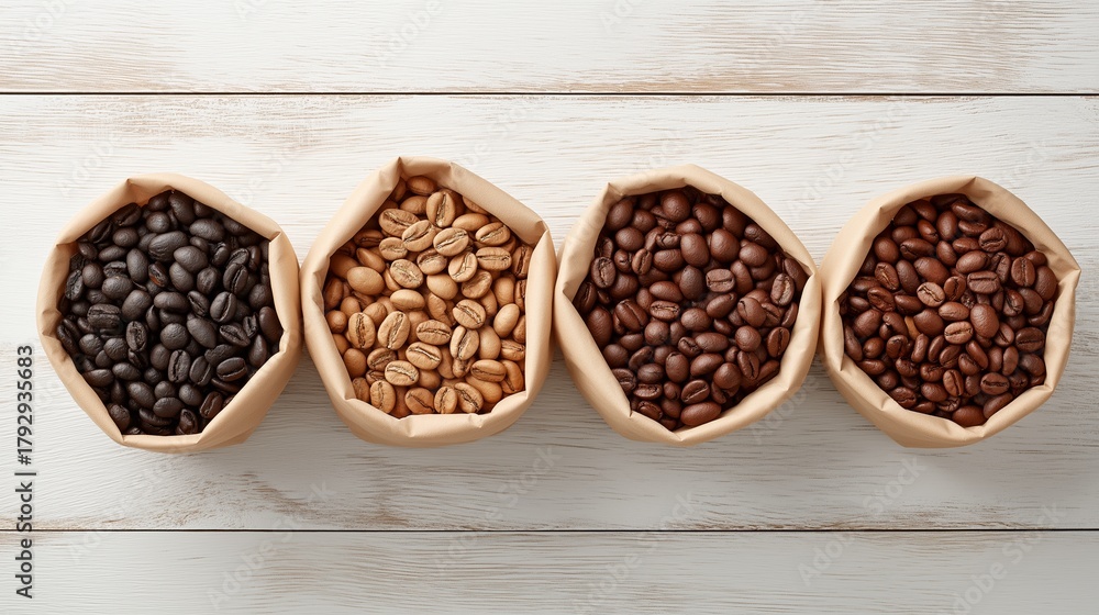 Fototapeta premium Craft paper bags filled with various roast levels of coffee beans arranged on a wooden surface, showcasing rich textures and colors for coffee enthusiasts and connoisseurs
