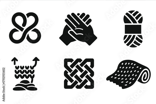 Arm Knitting Icons. Solid style icons of Arm Knitting: Yarn Loops, Interlocked Hands, Wool Skein, Growing Scarf, Floor Pile, Knot