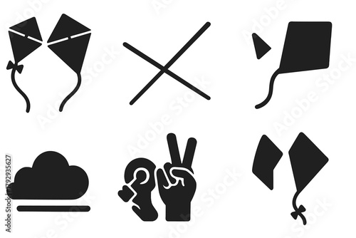 High Sky Duel Icons. Solid style icons of High Sky Duel: Two Kites, Taut String, Crossing Lines, Cut Fragment, Cloudy Horizon,