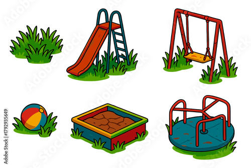 Forgotten Playground Icons. Isometric vector illustration set Forgotten Playground: Overgrown Grass, Rusty Slide, Broken Swing,