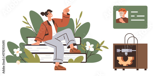 Young woman sitting on stacked books, gesturing upward surrounded by plants, next to a 3D printer and ID card. Ideal for education, technology, creativity, identification, modern learning