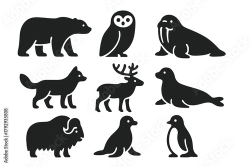 Arctic Wildlife Icons. Solid style icons of Arctic Wildlife: Polar Bear, Snowy Owl, Walrus, Arctic Fox, Caribou, Seal, Musk Ox,