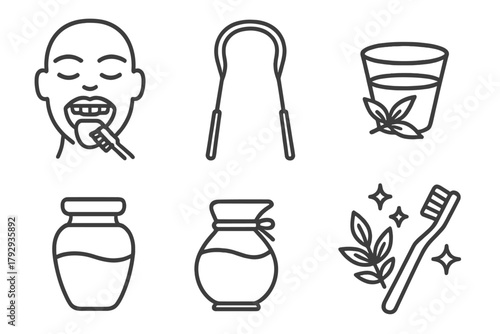 Ayurvedic Oral Care Icons. Line style icons of Ayurveda: oral care routine, tongue scraper icon, herbal mouthwash cup, oil pulling