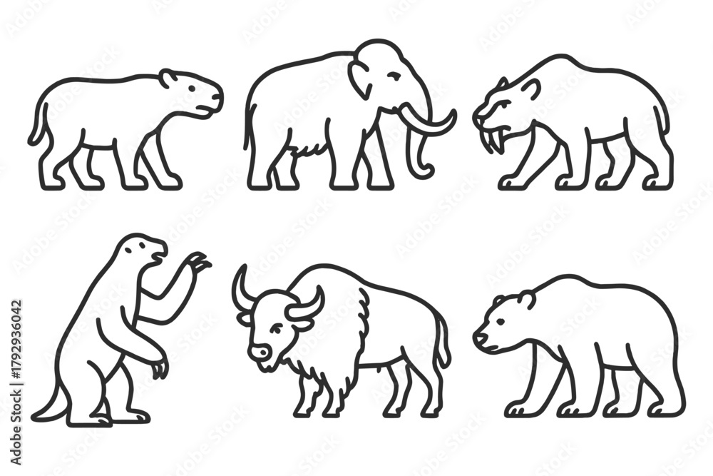 Fototapeta premium Paleontology Line Icons. Line style icons of paleontology: prehistoric mammal, saber-toothed cat, woolly mammoth, giant sloth,