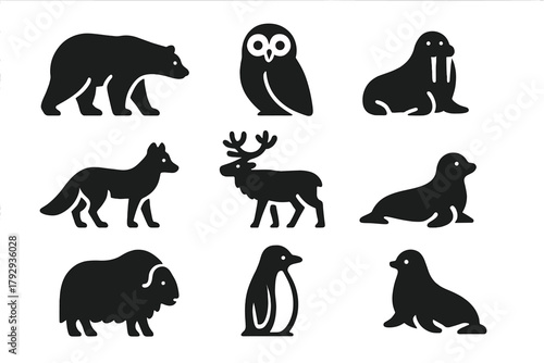 Arctic Wildlife Icons. Solid style icons of Arctic Wildlife: Polar Bear, Snowy Owl, Walrus, Arctic Fox, Caribou, Seal, Musk Ox,