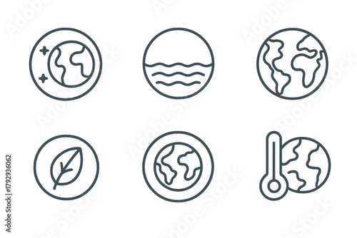 Exoplanet Icons Collection. Line style icons of exoplanets: habitable planet, liquid water zone, Earth-like world, biosignature
