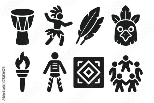 Falcon Dance Elements. Solid style icons of Falcon Dance Rituals: Drum, Dancer, Bird Feathers, Mask, Torch, Painted Body, Tribal