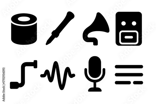 Analog Recording Icons. Solid style icons of Analog Recording: Wax Cylinder, Stylus, Mouthpiece, Dictaphone, Crank, Sound Waves,