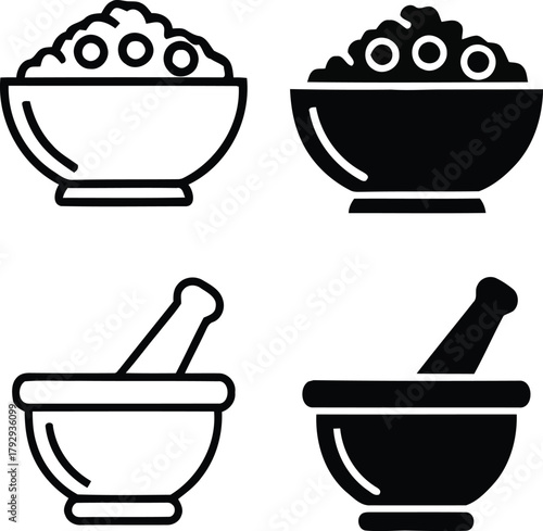 Set of four icons representing bowls of food and mortar and pestle