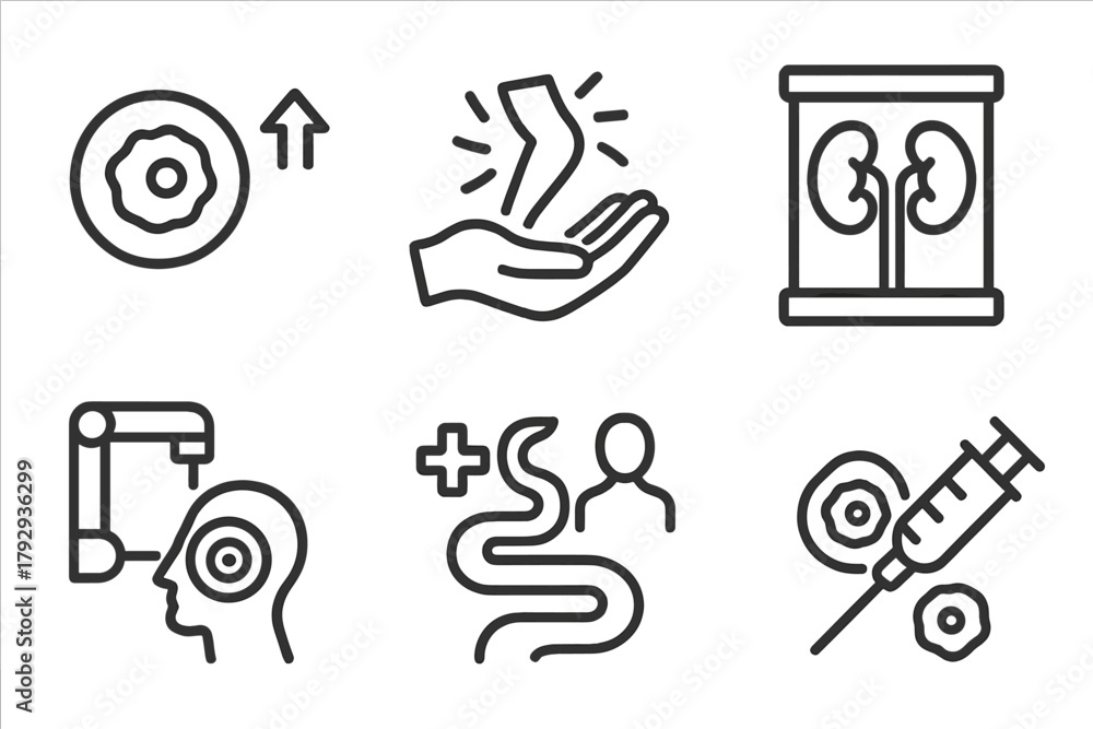 Obraz premium Stem Cell Icons. Line style icons of stem cell research: future potential icon, advanced regeneration symbol, futuristic organ lab
