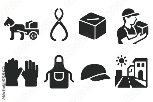 Ice Delivery Icons. Solid style icons of Ice Delivery: Horse Wagon, Ice Tongs, Block of Ice, Worker, Gloves, Apron, Hat, Street,