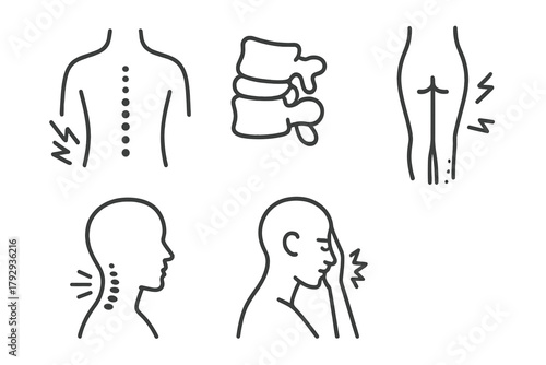 Chiropractic Care Icons. Line style icons of chiropractic care: common treated conditions, back pain symbol, herniated disc icon,