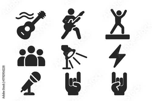 Air Music Icons. Solid style icons of Air Music: Invisible Strings, Air Guitarist, Stage Pose, Crowd, Spotlight, Energy,